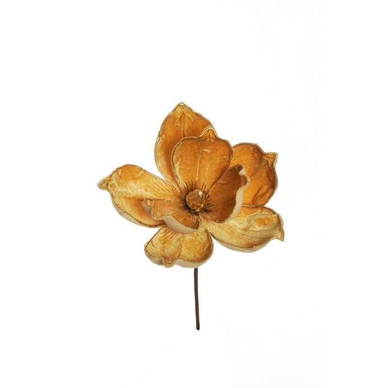 Lot de 24 - Pic artificiel double magnolia velours bordure or, 30 cm - or 