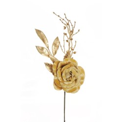 Lot de 24 - Pic artificiel double rose velours métallisée, 43 cm - or 