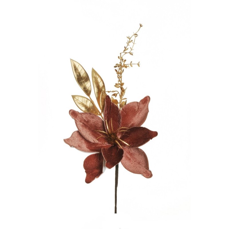 Lot de 24 - Pic artificiel double magnolia velours métallisé, 47 cm - mauve 