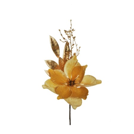 Lot de 24 - Pic artificiel double magnolia velours métallisé, 47 cm - or 