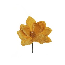Lot de 24 - Pic artificiel double magnolia velours métallisé, 24 cm - or 