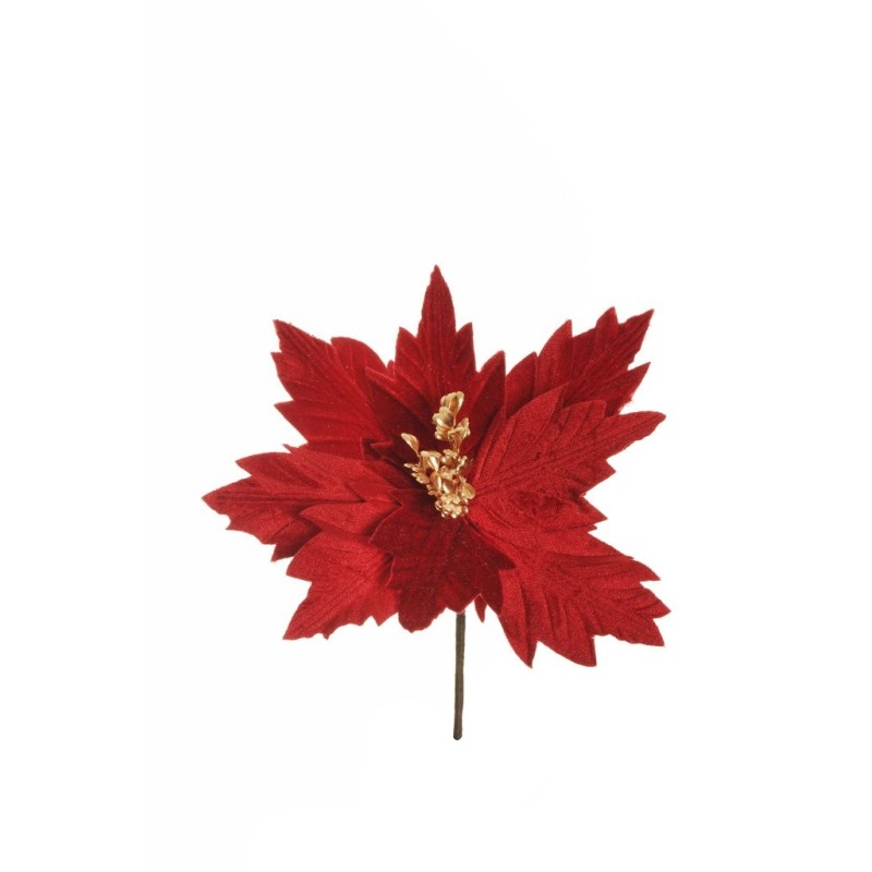 Lot de 24 - Pic artificiel double poinsettia velours nordique métallisé, 21 cm - rouge 