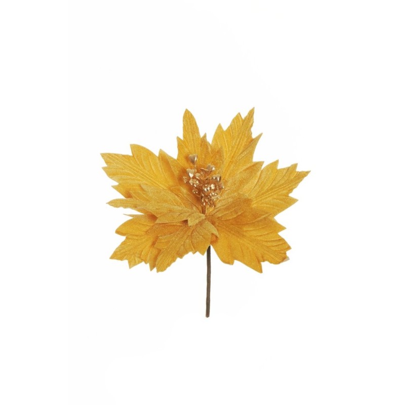 Lot de 24 - Pic artificiel double poinsettia velours nordique métallisé, 21 cm - or 