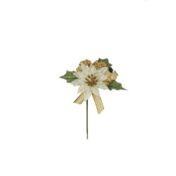 Lot de 48 - Pic artificiel poinsettia, baies d'églantier et blé, 14 cm - crème or 