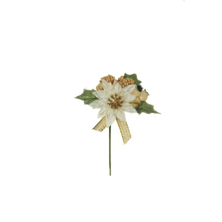 Lot de 48 - Pic artificiel poinsettia, baies d'églantier et blé, 14 cm - crème or 