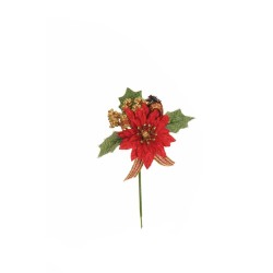 Lot de 48 - Pic artificiel poinsettia, baies d'églantier et blé, 14 cm - rouge or 