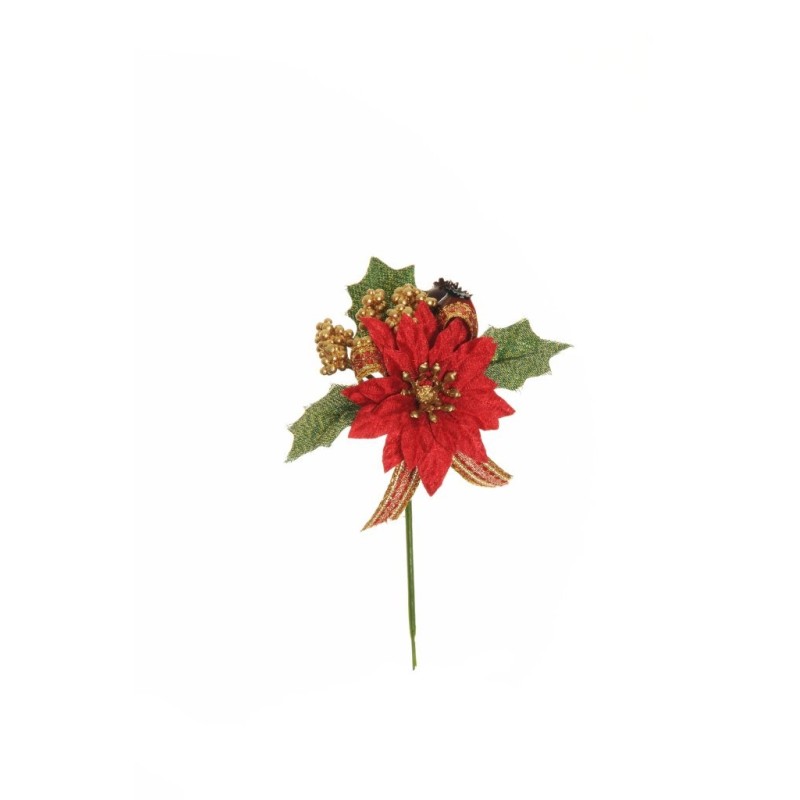 Lot de 48 - Pic artificiel poinsettia, baies d'églantier et blé, 14 cm - rouge or 