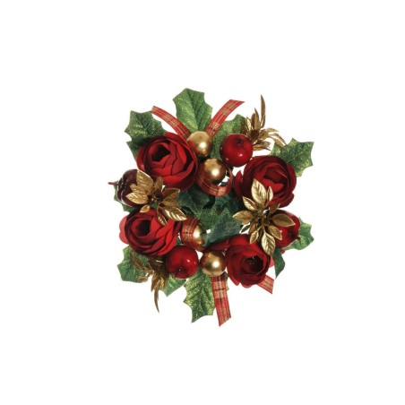 Lot de 12 - Couronne de bougie artificielle renoncule, pommes et baies, 15 cm - rouge 