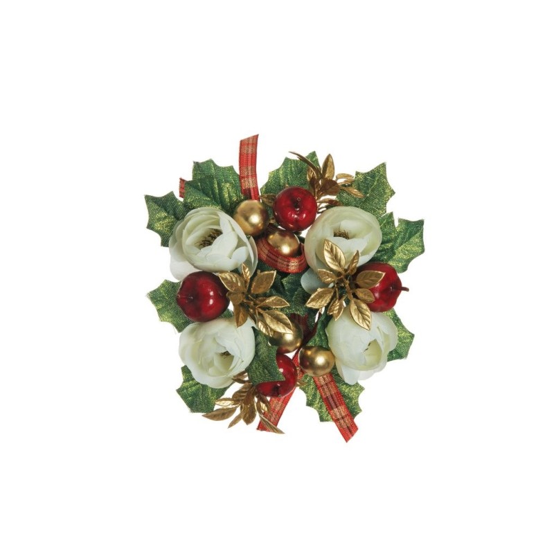 Lot de 12 - Couronne de bougie artificielle renoncule, pommes et baies, 15 cm - crème 
