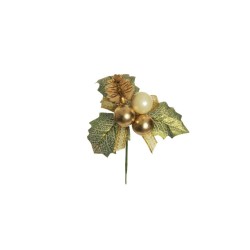 Lot de 48 - Pic artificiel de houx, pomme de pin et boules, 14 cm - ivoire or 