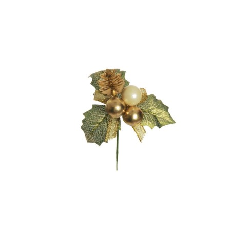 Lot de 48 - Pic artificiel de houx, pomme de pin et boules, 14 cm - ivoire or 