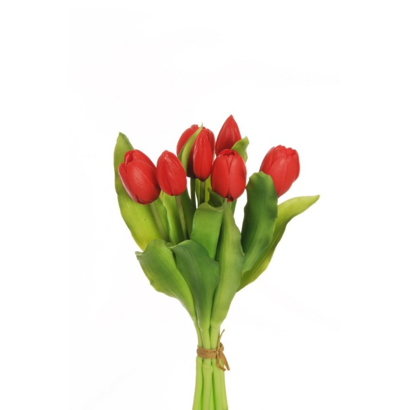 Lot de 12 - Court bouquet artificiel de tulipes X7, 32 cm - rouge 