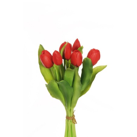 Lot de 12 - Court bouquet artificiel de tulipes X7, 32 cm - rouge 