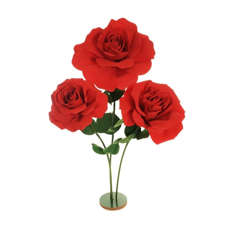 Lot de 3 - Rose géante artificielle en mousse X3 sur base bois, 140-175 cm - rouge 