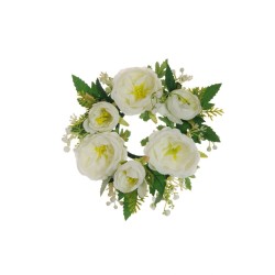 Lot de 8 - Couronne de bougie artificielle rose Austin et gypsophile, 20 cm - blanc 