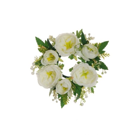 Lot de 8 - Couronne de bougie artificielle rose Austin et gypsophile, 20 cm - blanc 