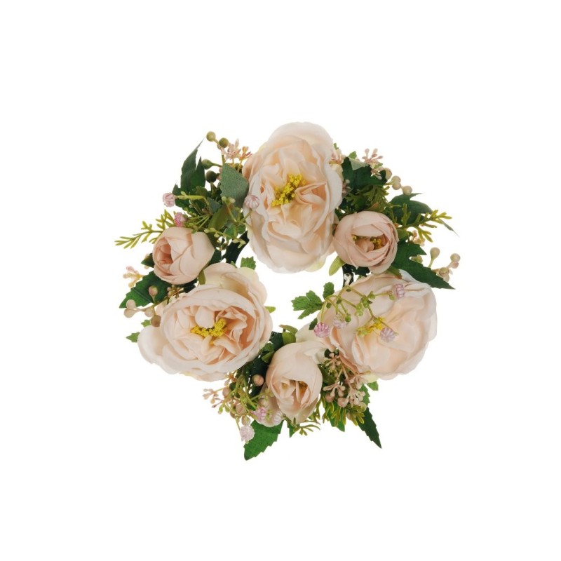 Lot de 8 - Couronne de bougie artificielle rose Austin et gypsophile, 20 cm - chair clair 