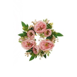 Lot de 8 - Couronne de bougie artificielle rose Austin et gypsophile, 20 cm - rose 