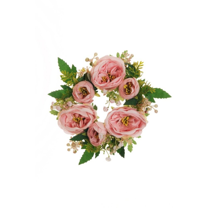 Lot de 8 - Couronne de bougie artificielle rose Austin et gypsophile, 20 cm - rose 