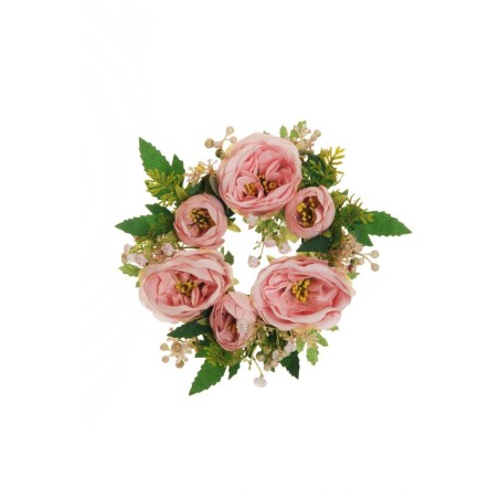 Lot de 8 - Couronne de bougie artificielle rose Austin et gypsophile, 20 cm - rose 