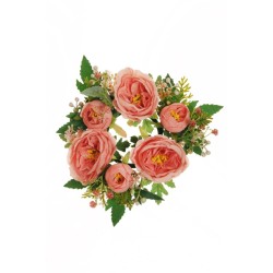 Lot de 8 - Couronne de bougie artificielle rose Austin et gypsophile, 20 cm - saumon rose 