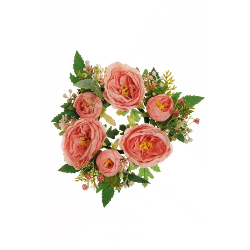 Lot de 8 - Couronne de bougie artificielle rose Austin et gypsophile, 20 cm - saumon rose 
