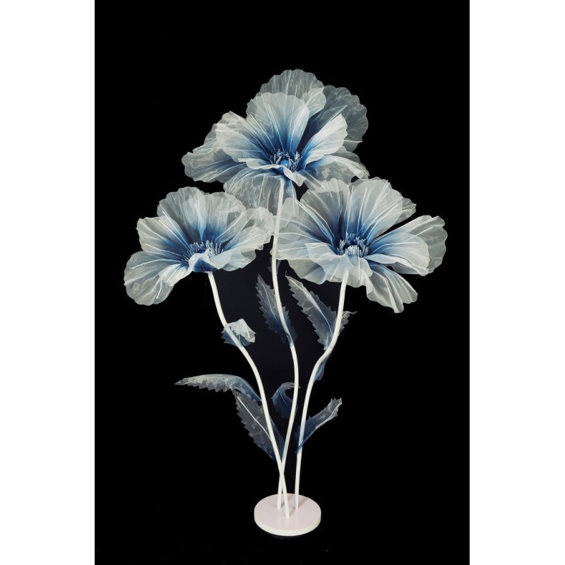 Lot de 3 - Coquelicot géant artificiel en organza X3 sur base bois, 140-170 cm - bleu crème 