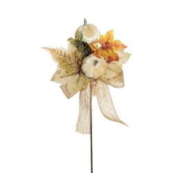 Lot de 24 - Long pic artificiel de citrouille velours, baies, ruban jute et feuilles d'automne, 46 cm - ivoire 