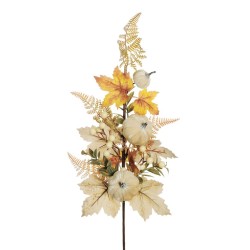 Lot de 24 - Tige artificielle de citrouille velours, baies et feuilles d'automne, 80 cm - ivoire 