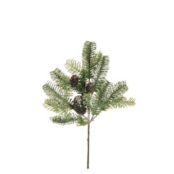 Lot de 12 - Tige artificielle de pin plat X5 avec pommes de pin enneigée, 44 cm - vert blanc 