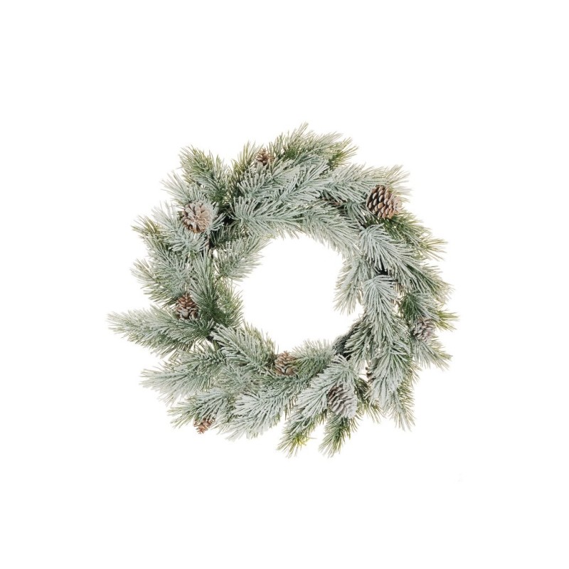Lot de 2 - Couronne artificielle de pin avec pommes de pin enneigée, 55 cm - blanc 