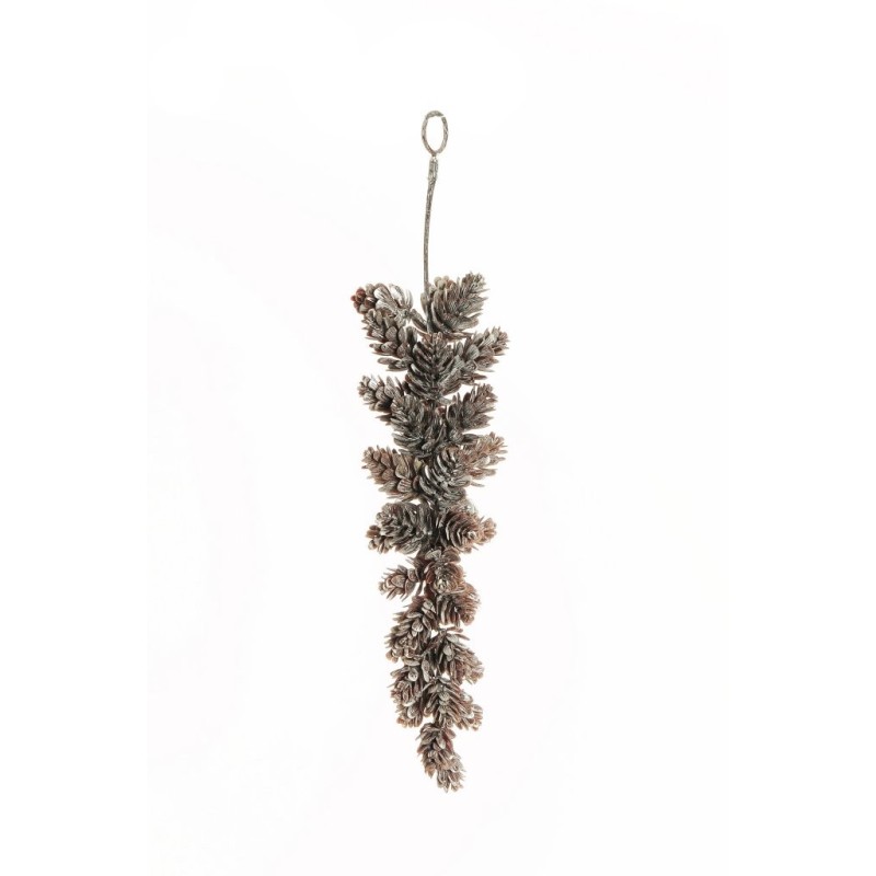Lot de 24 - Grand bouquet suspendu artificiel de pommes de pin enneigées, 30 cm - marron blanc 