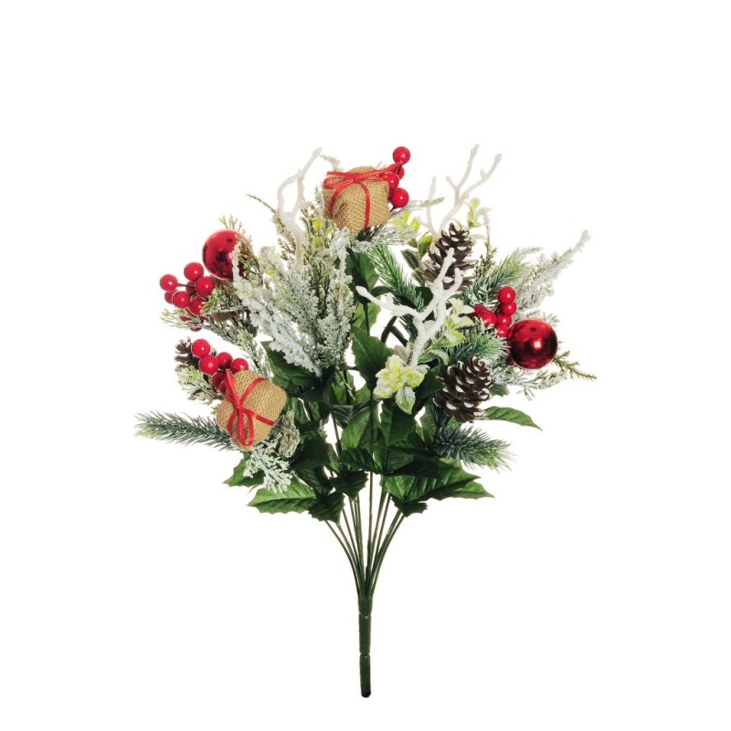 Lot de 12 - Buisson artificiel de cyprès, boules de Noël, paquets cadeaux et pommes de pin X14 enneigé, 51 cm - vert blanc rouge