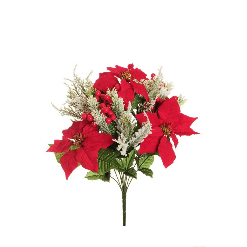 Lot de 6 - Buisson artificiel de poinsettia velours, baies, cyprès et pin X12 enneigé, 49 cm - rouge 