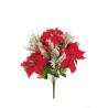 Lot de 6 - Buisson artificiel de poinsettia velours, baies, cyprès et pin X12 enneigé, 49 cm - rouge 