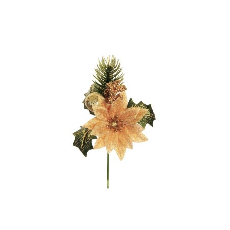 Lot de 36 - Pic artificiel de poinsettia lamé, boule de Noël, blé et pin, 17 cm - or 