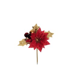 Lot de 48 - Pic artificiel de poinsettia métallisé, houx et baies, 14 cm - rouge or 