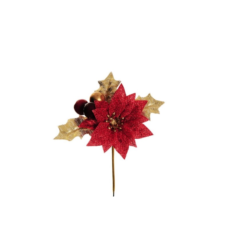 Lot de 48 - Pic artificiel de poinsettia métallisé, houx et baies, 14 cm - rouge or 