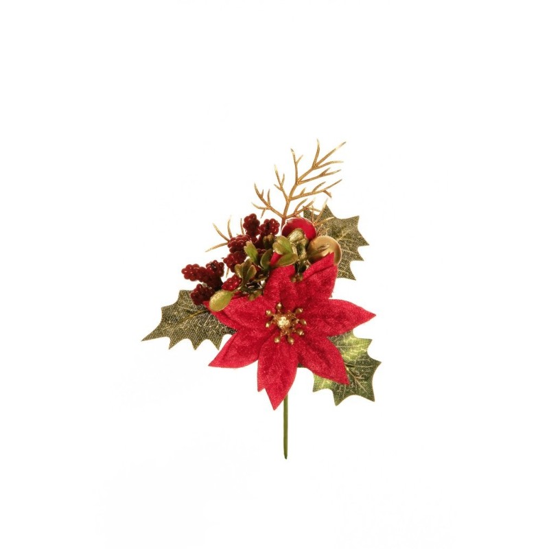 Lot de 36 - Pic artificiel de poinsettia velours, baies, blé, buis et fougère, 17 cm - rouge 