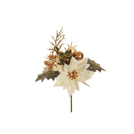 Lot de 36 - Pic artificiel de poinsettia velours, baies, blé, buis et fougère, 17 cm - crème 