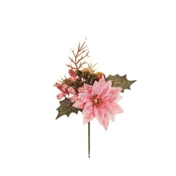 Lot de 36 - Pic artificiel de poinsettia velours, baies, blé, buis et fougère, 17 cm - rose 