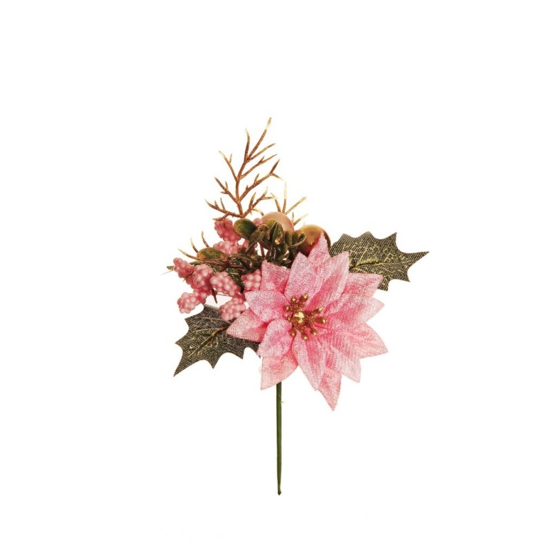 Lot de 36 - Pic artificiel de poinsettia velours, baies, blé, buis et fougère, 17 cm - rose 