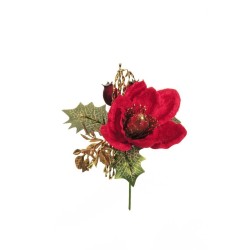 Lot de 36 - Pic artificiel de magnolia velours, baies, feuillages et ruban, 16 cm - rouge 