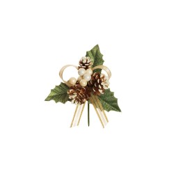 Lot de 48 - Pic artificiel de houx, pommes de pin, baies et ruban, 14 cm - crème or 