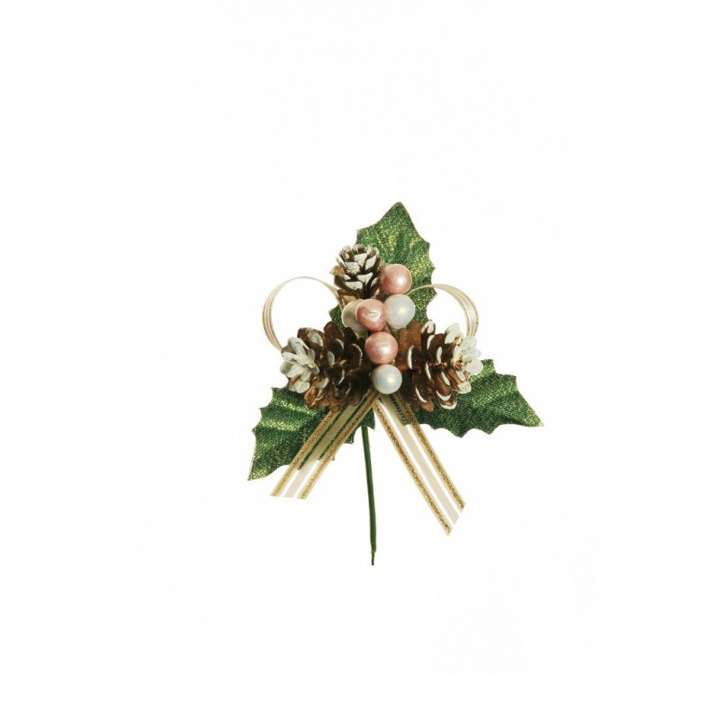 Lot de 48 - Pic artificiel de houx, pommes de pin, baies et ruban, 14 cm - rose or 