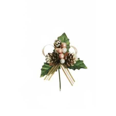Lot de 48 - Pic artificiel de houx, pommes de pin, baies et ruban, 14 cm - rose or 