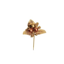 Lot de 48 - Pic artificiel de feuillages, boules de Noël et blé, 13 cm - or cuivre 
