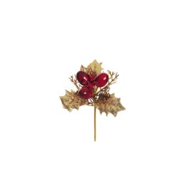 Lot de 48 - Pic artificiel de houx, baies, fougère et blé, 13,5 cm - rouge or 
