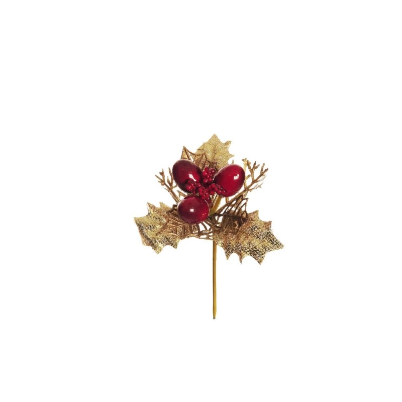 Lot de 48 - Pic artificiel de houx, baies, fougère et blé, 13,5 cm - rouge or 