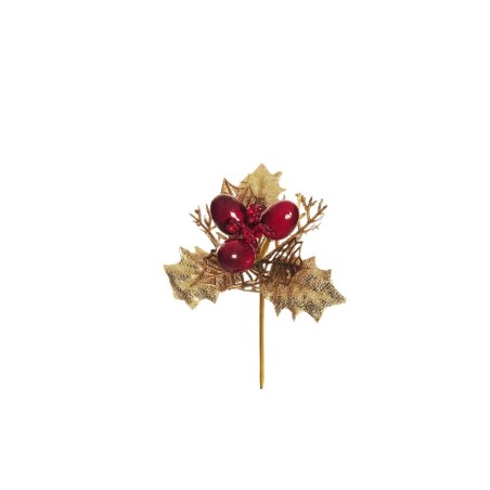 Lot de 48 - Pic artificiel de houx, baies, fougère et blé, 13,5 cm - rouge or 